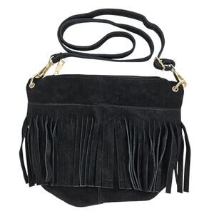 Black Suede Shoulder / Crossbody Fringe Purse - Chic & Trendy